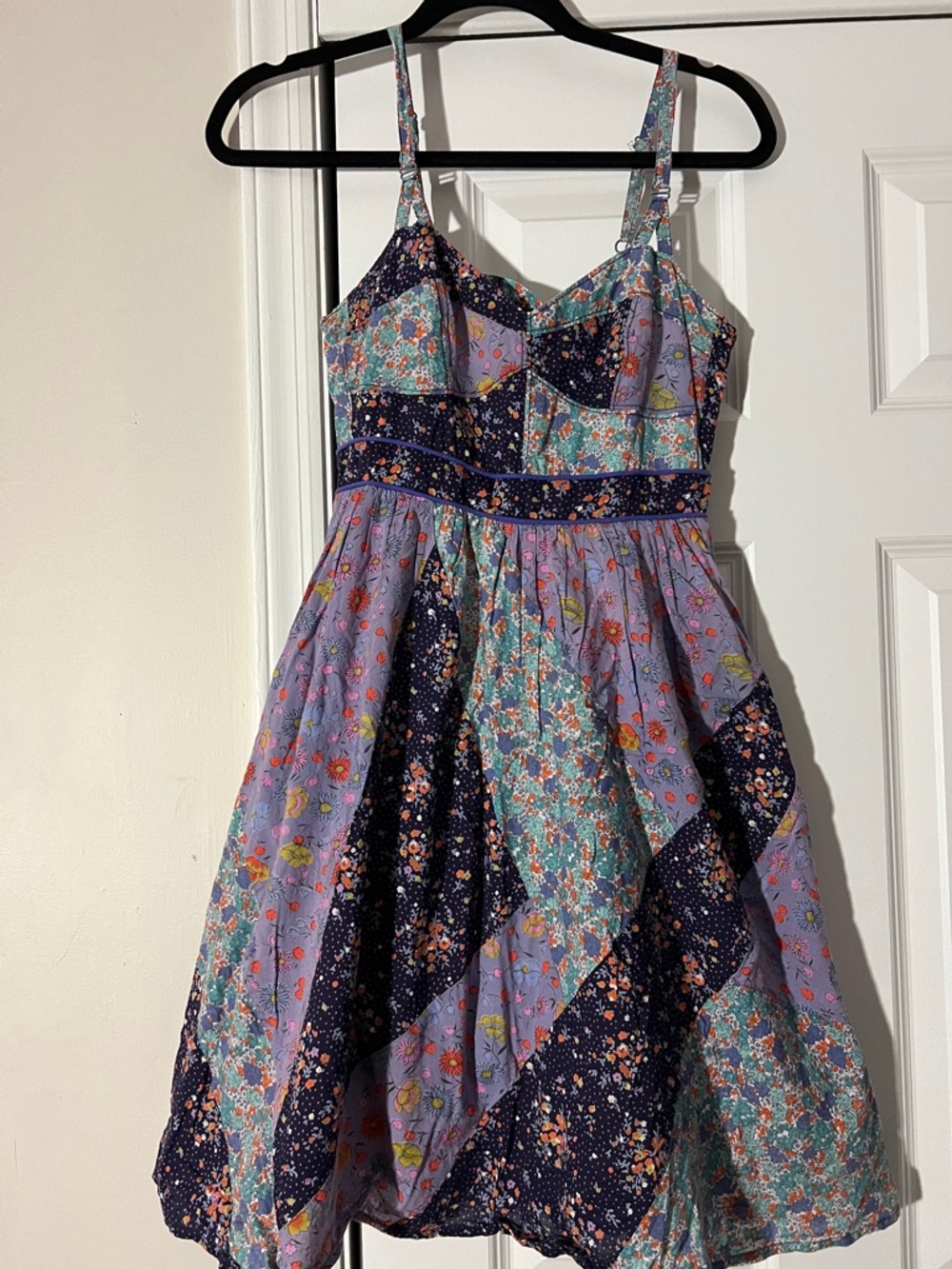 Anthropologie Lavender and Navy Floral Patchwork Mini Dress